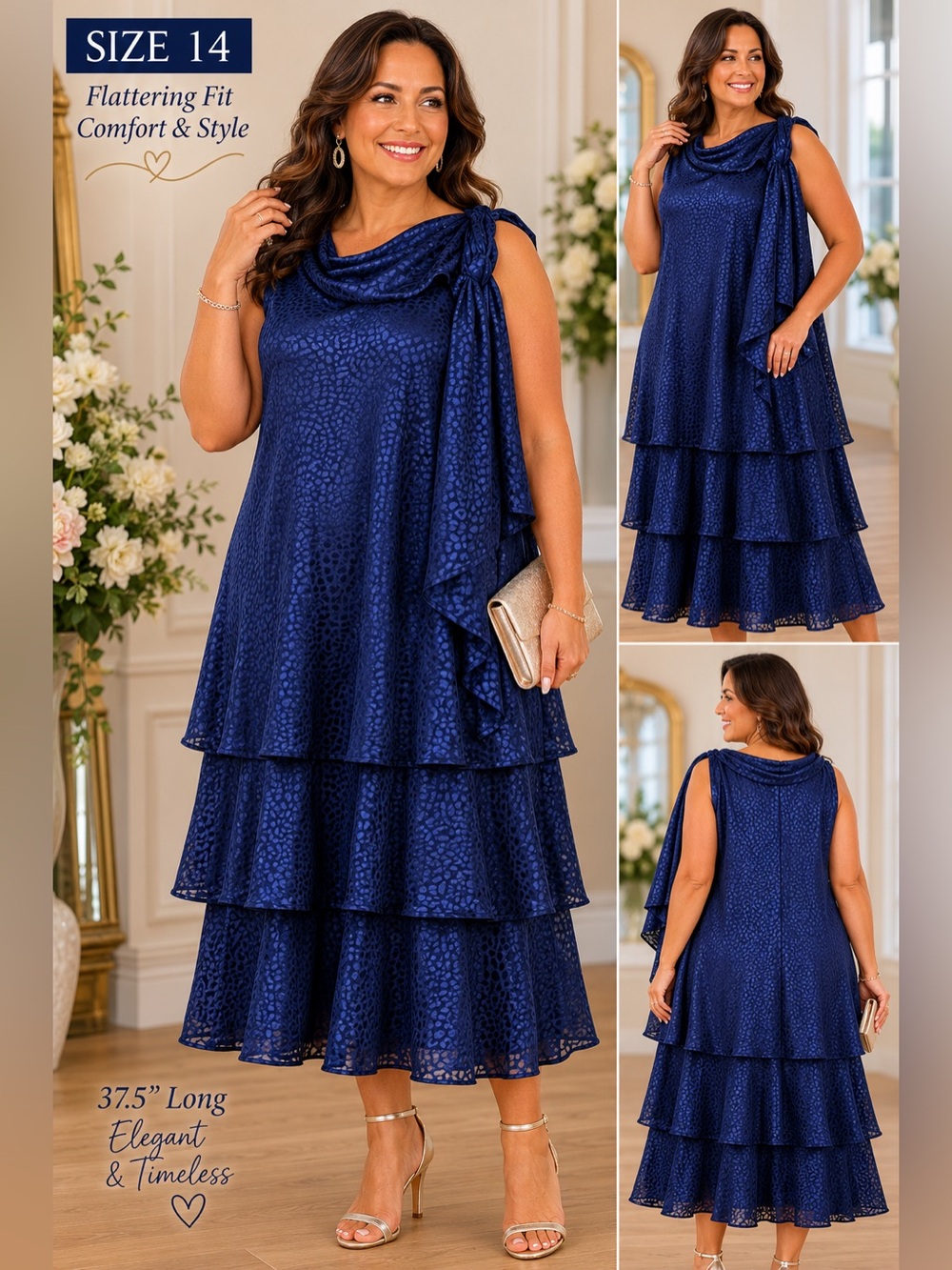 Signature by Sangria Navy Blue Jacquard Tiered Dress Size 14 Wedding Guest NWT
